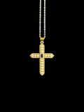 Collier croix dorée ornée de petites perles blanches et pierre centrale bleu profond — pendentif chrétien raffiné en acier inoxydable pour femme 