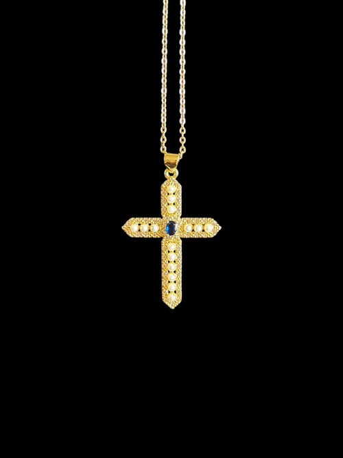 Collier croix dorée ornée de petites perles blanches et pierre centrale bleu profond — pendentif chrétien raffiné en acier inoxydable pour femme 